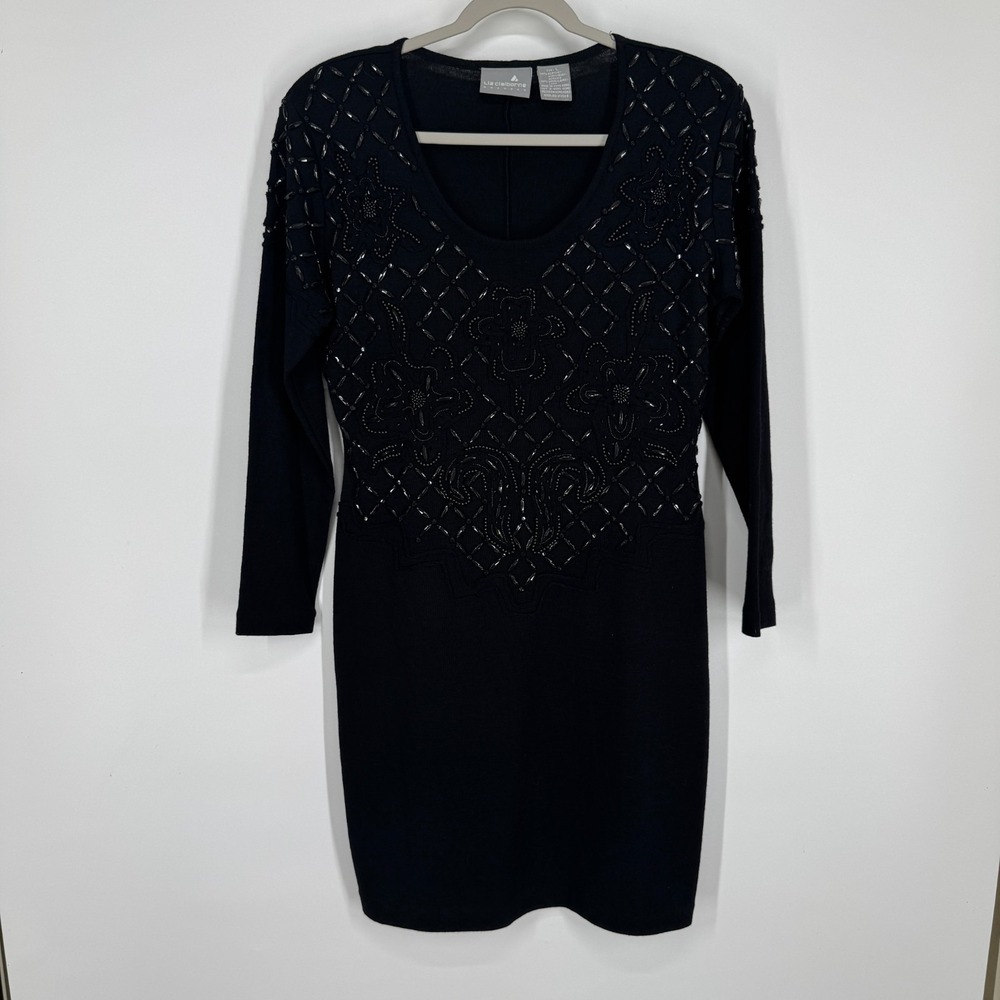 VintageLiz Claiborne Black Beaded Sweater Dress Large Knit 90s Mom Shoulder Pads